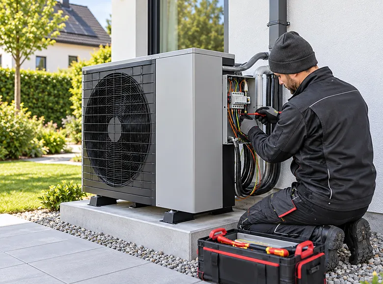 Elektriker installiert Wärmepumpe an einem Haus